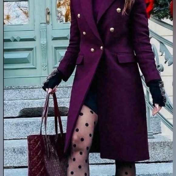 Zara Manteco Wool Elegant Burgundy Long Coat Double Beasted Gold Button - Picture 4 of 17